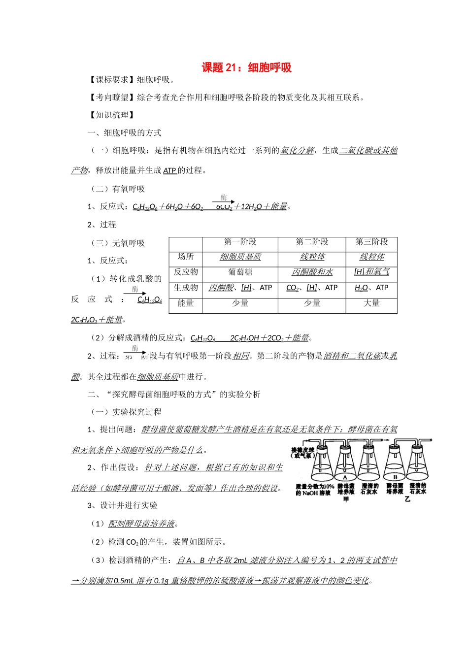 2014年高考生物 同步讲练结合素材 课题21 细胞呼吸 中图版必修1_第1页