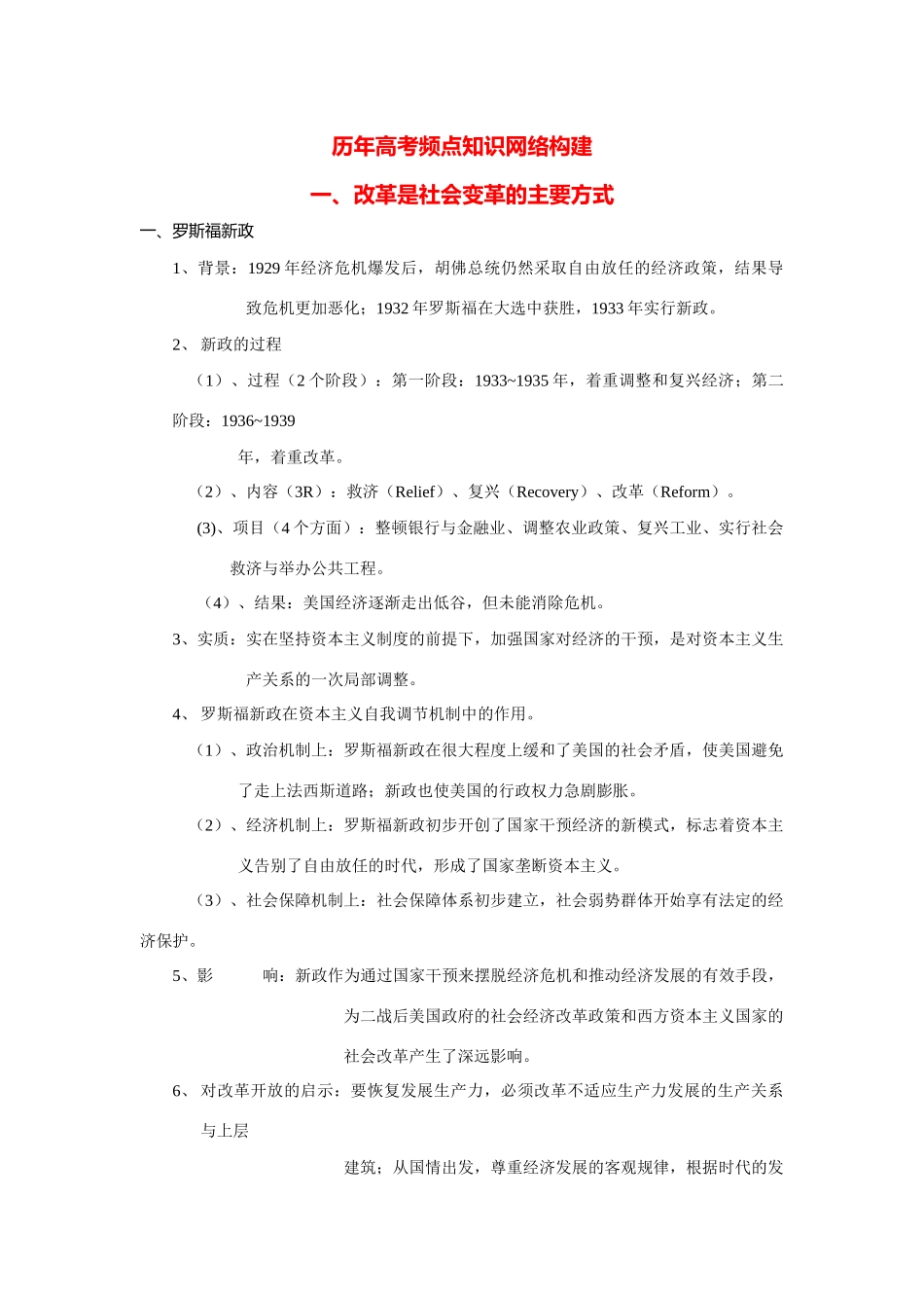 2014高考历史 历年高考频点知识网络构建 专题 一、改革是社会变革的主要方式_第1页