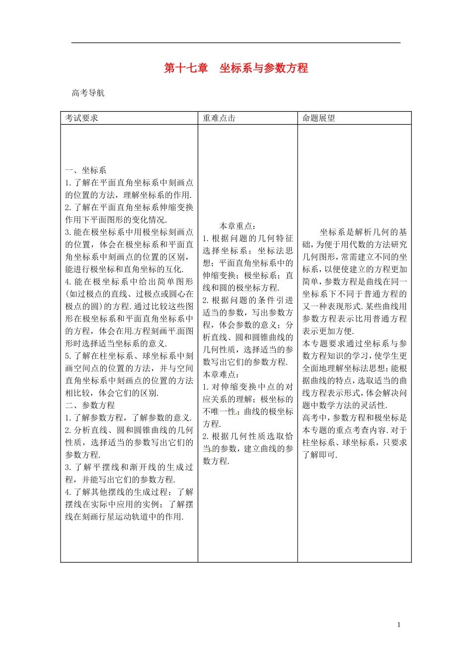 2014高考数学一轮总复习 17.1 坐标系教案 理 新人教A版_第1页