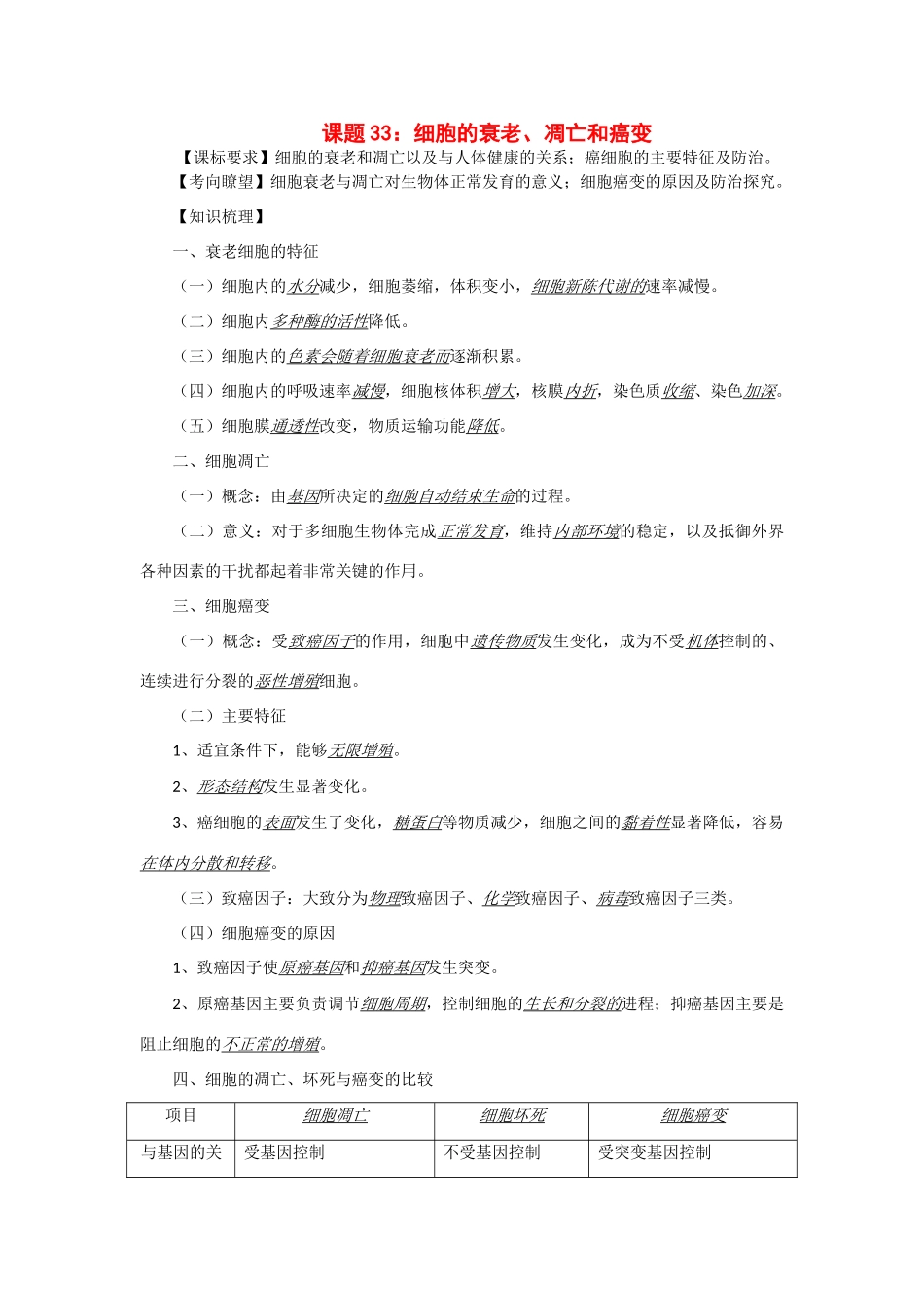 2014年高考生物 同步讲练结合素材 课题33 细胞衰老凋亡癌变 中图版必修1_第1页