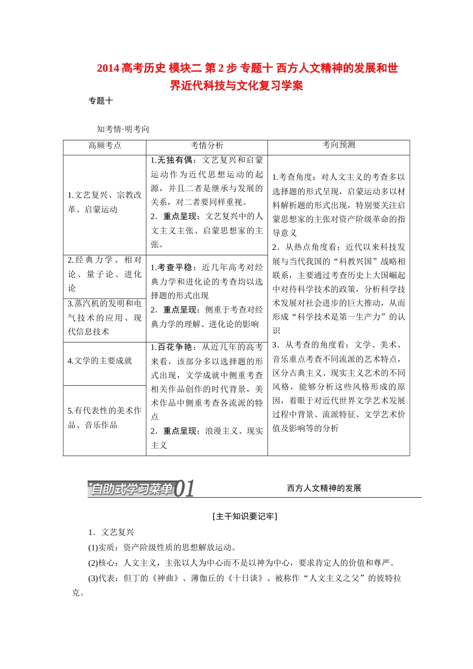 2014高考历史 模块二 第2步 专题十 西方人文精神的发展和世界近代科技与文化复习学案_第1页