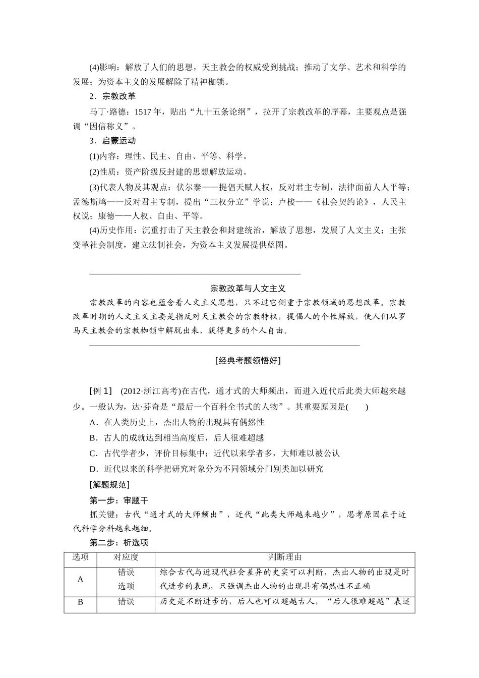 2014高考历史 模块二 第2步 专题十 西方人文精神的发展和世界近代科技与文化复习学案_第2页