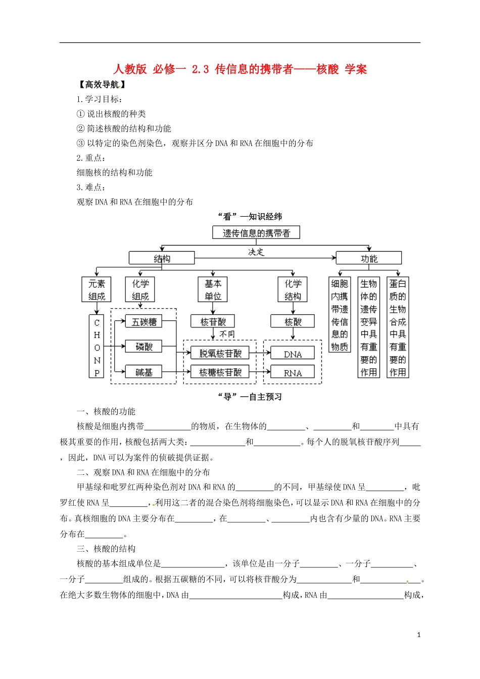 2014高中生物《 2.3 传信息的携带者-核酸》学案 新人教版必修1_第1页