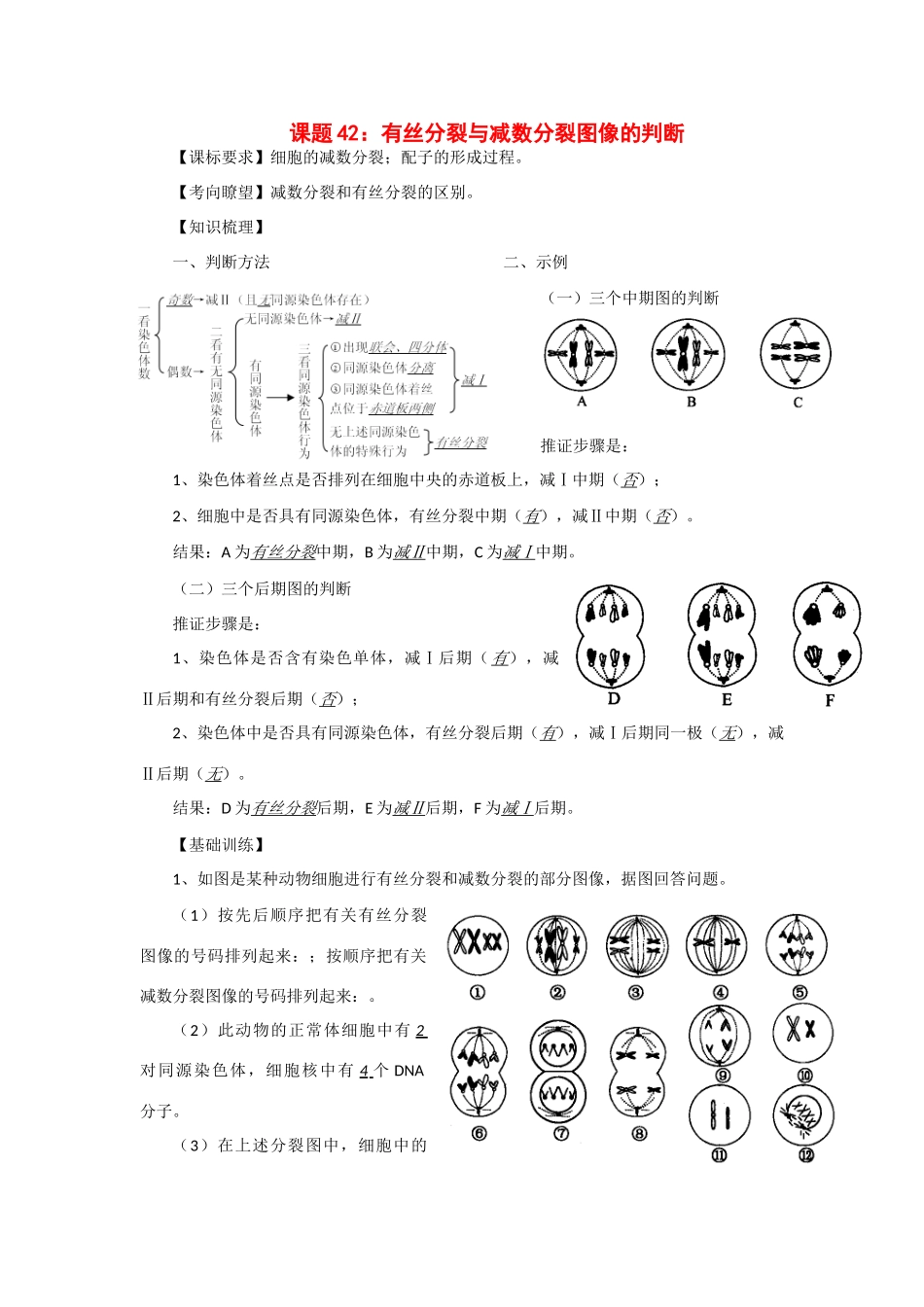 2014年高考生物 同步讲练结合素材 课题42 有丝分裂与减数分裂图像的判断 中图版必修1_第1页