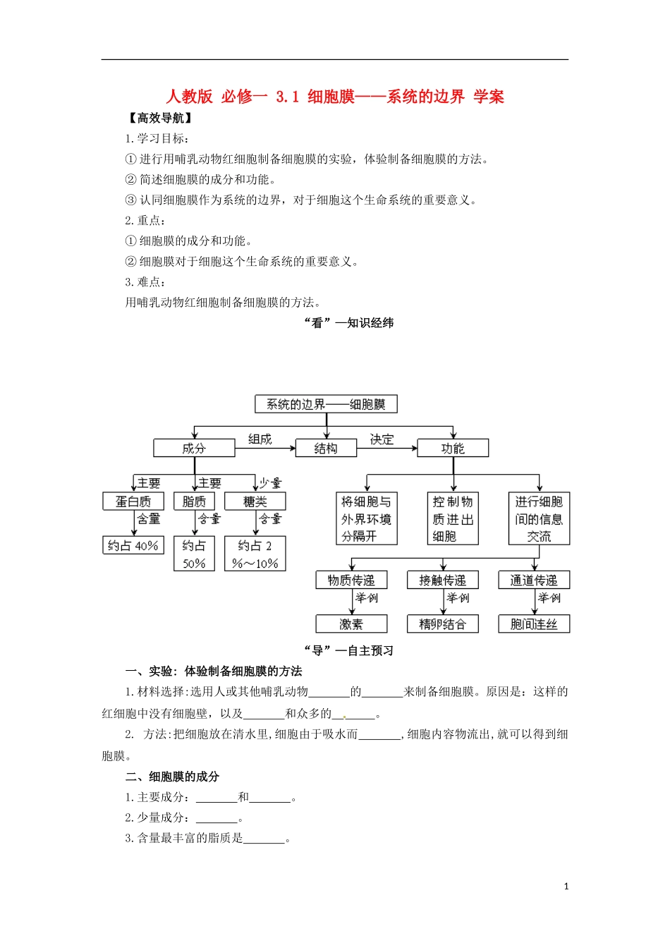 2014高中生物《 3.1 细胞膜 系统的边界》学案 新人教版必修1_第1页
