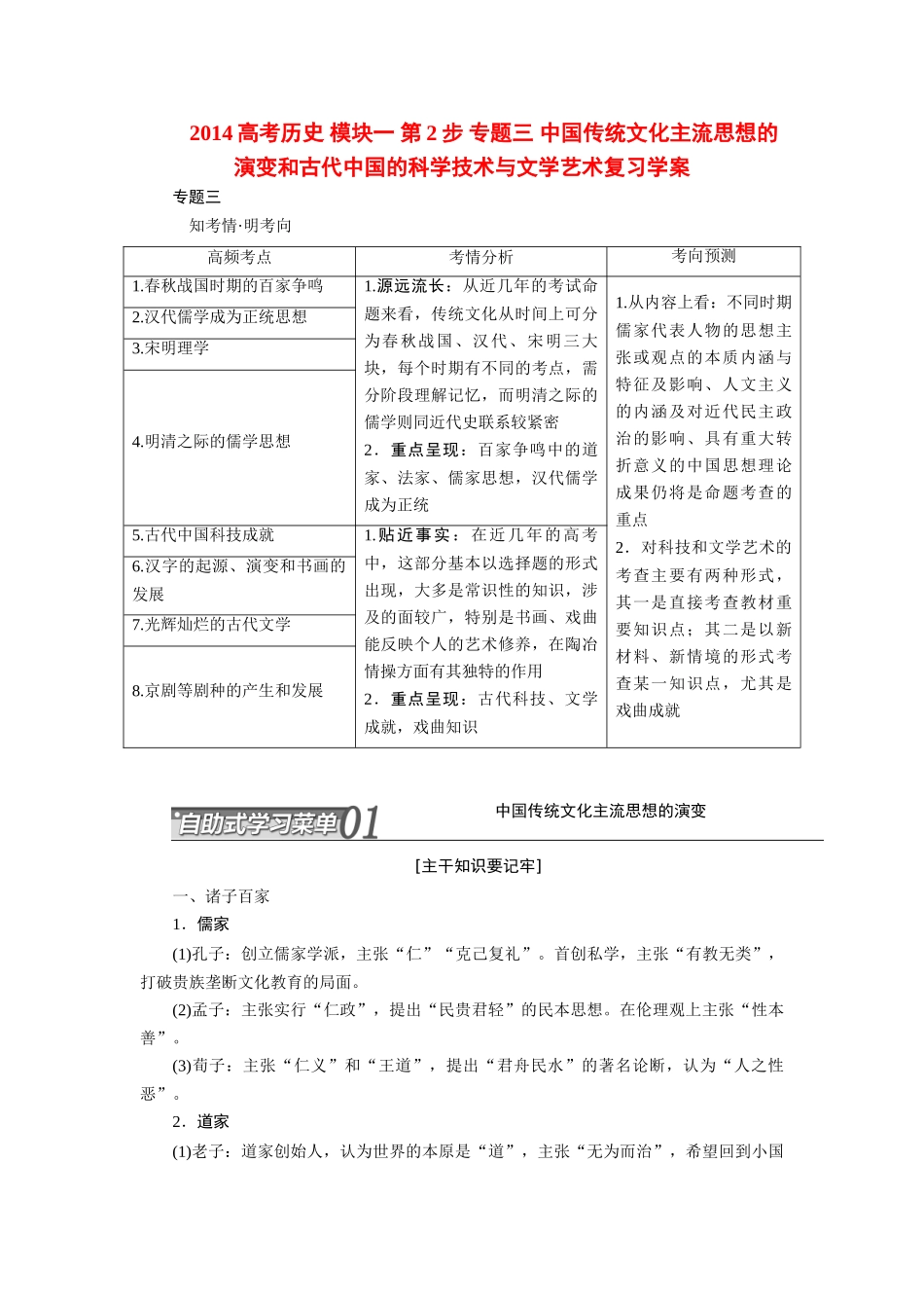 2014高考历史 模块一 第2步 专题三 中国传统文化主流思想的演变和古代中国的科学技术与文学艺术复习学案_第1页
