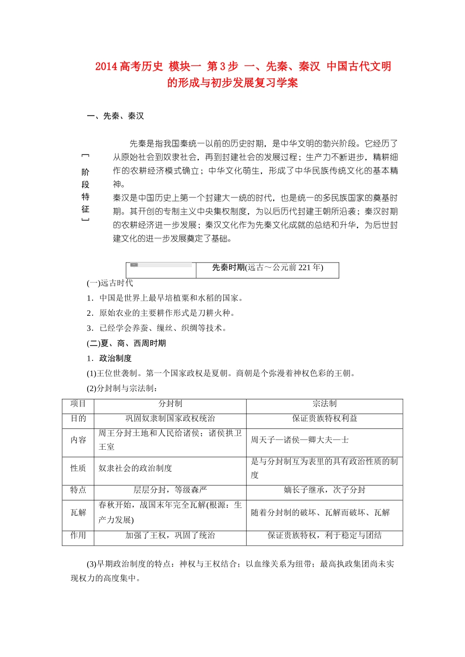 2014高考历史 模块一 第3步 一、先秦、秦汉 中国古代文明的形成与初步发展复习学案_第1页