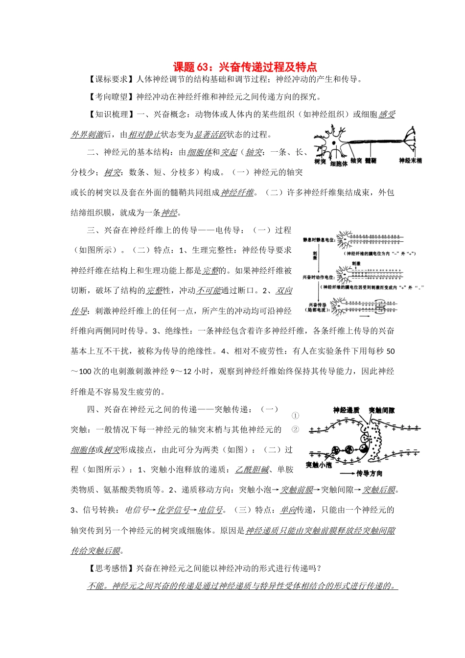 2014年高考生物 同步讲练结合素材 课题63 兴奋传递的过程和特点 中图版必修1_第1页
