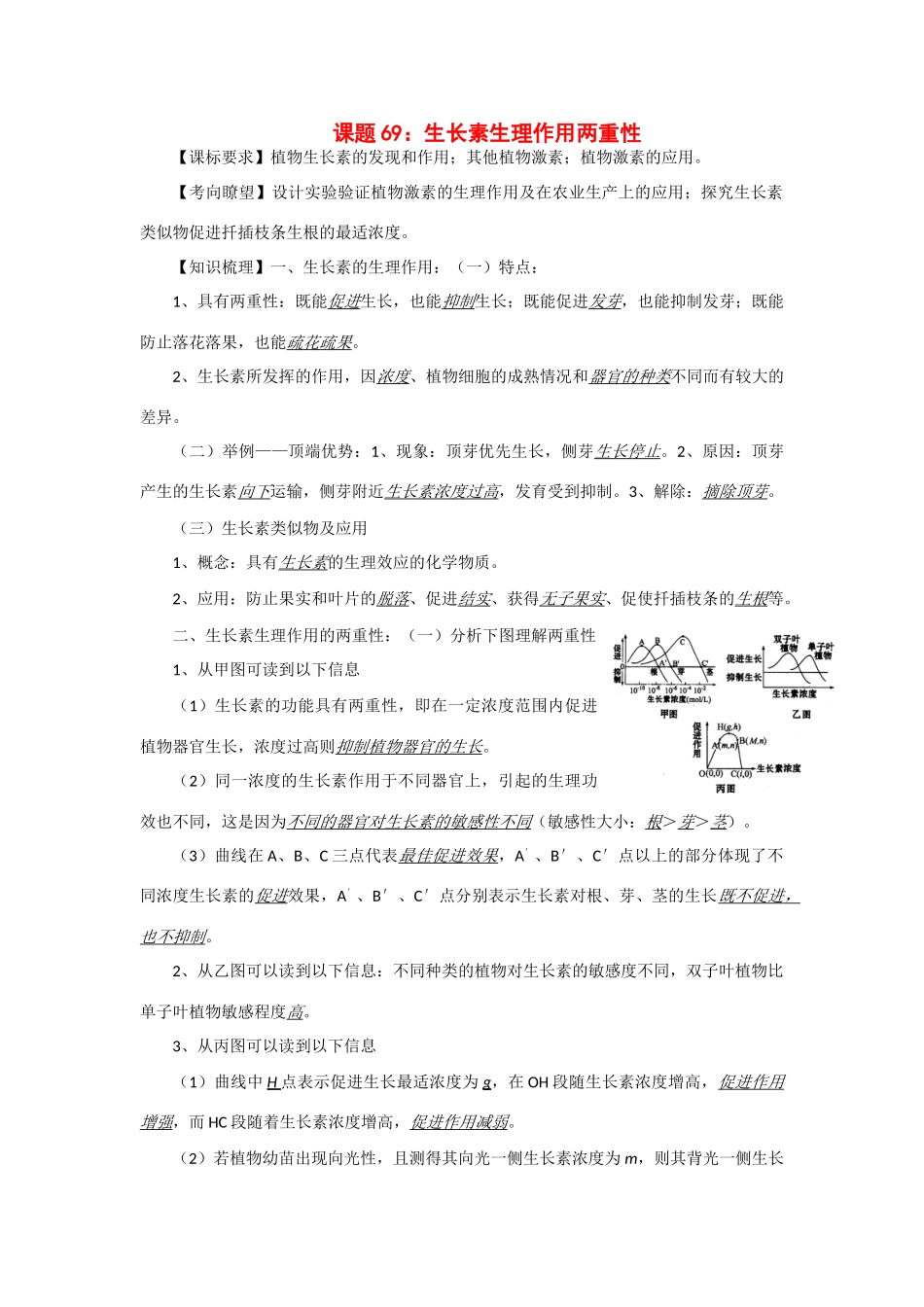 2014年高考生物 同步讲练结合素材 课题69 生长素作用的两重性 中图版必修1_第1页