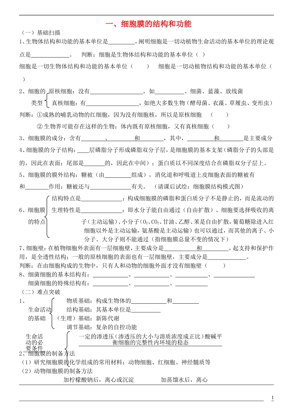 2014年高考生物 细胞结构与功能冲刺查漏补缺学案 人教版_第1页