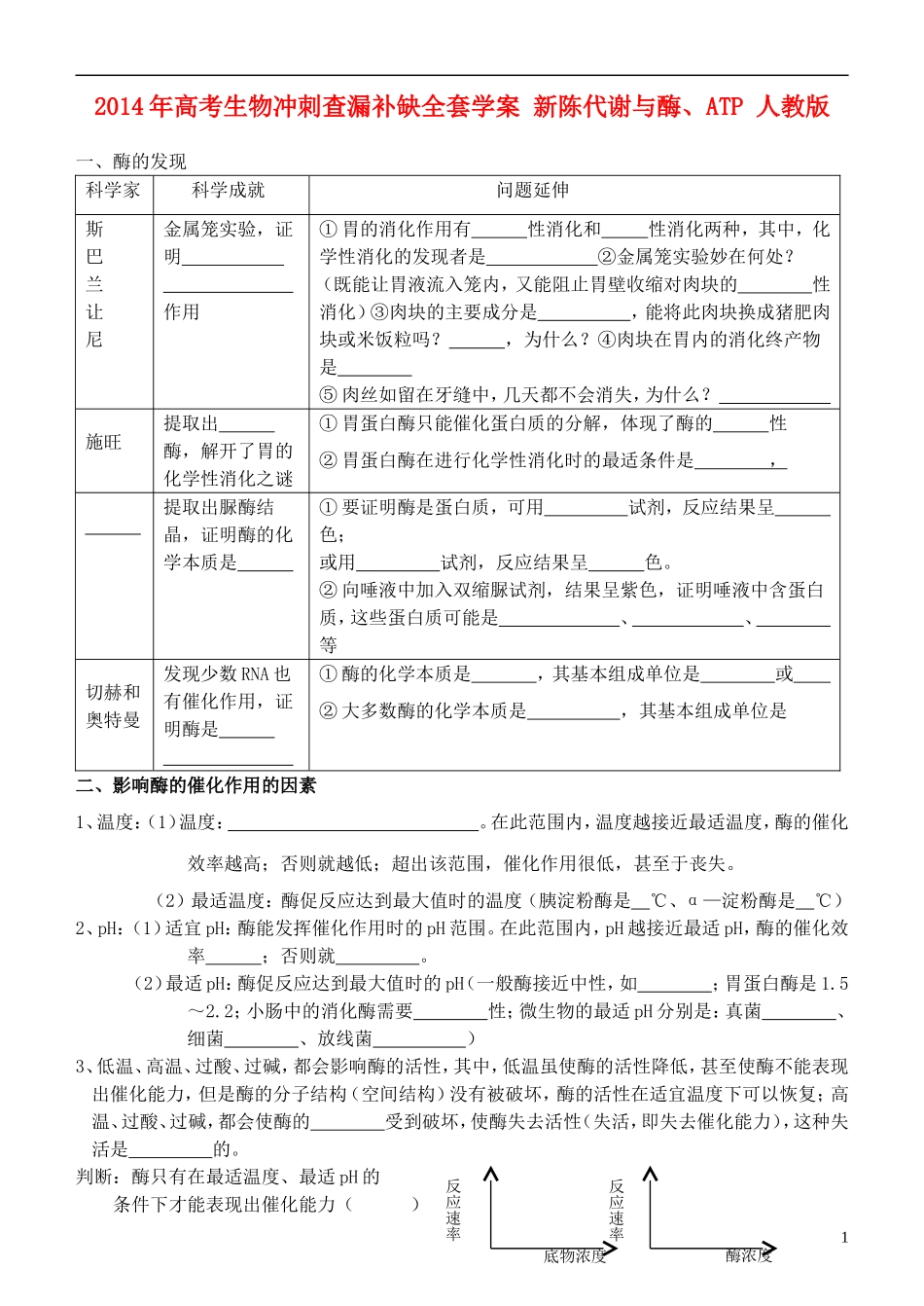 2014年高考生物 新陈代谢与酶、ATP冲刺查漏补缺学案 人教版_第1页