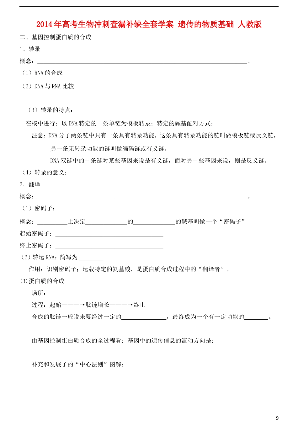 2014年高考生物 遗传的物质基础冲刺查漏补缺学案 人教版_第1页