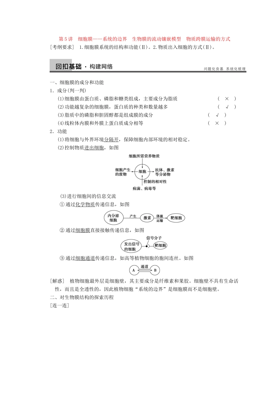 2014年高考生物大一轮复习 第二单元 第5讲 细胞膜 系统的边界 生物膜的流动镶嵌模型 物质跨膜运输的方式教案_第2页