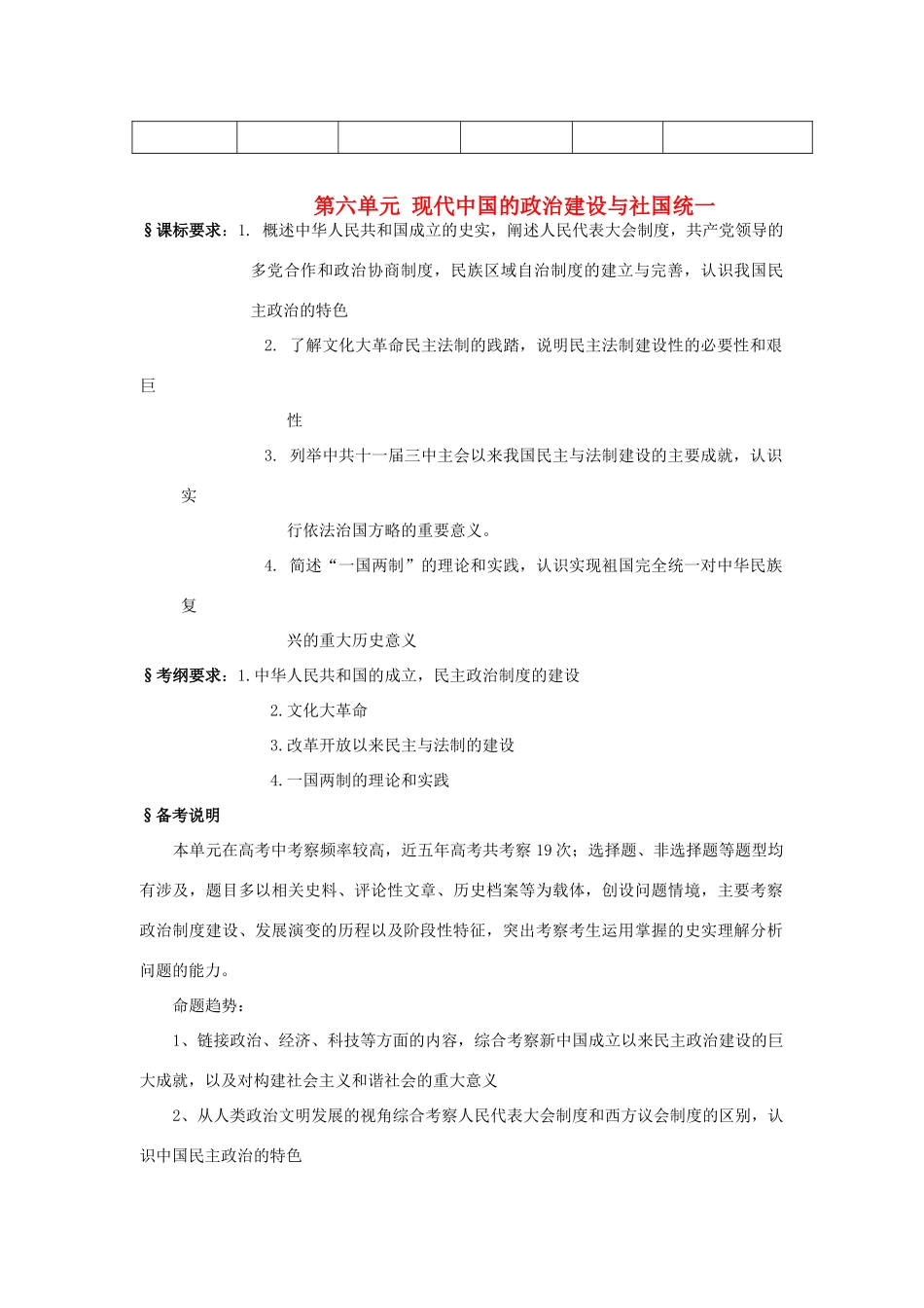 2014高考历史一轮复习 （问题导读单+过关检测+真题回放+随堂演练）第六单元《现代中国的政治建设与社国统一》导学案 新人教版必修1_第1页