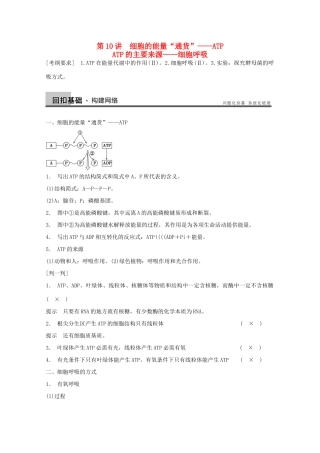 2014年高考生物大一轮复习 第三单元 第10讲 细胞的能量“通货” ATP ATP的主要来源 细胞呼吸教案