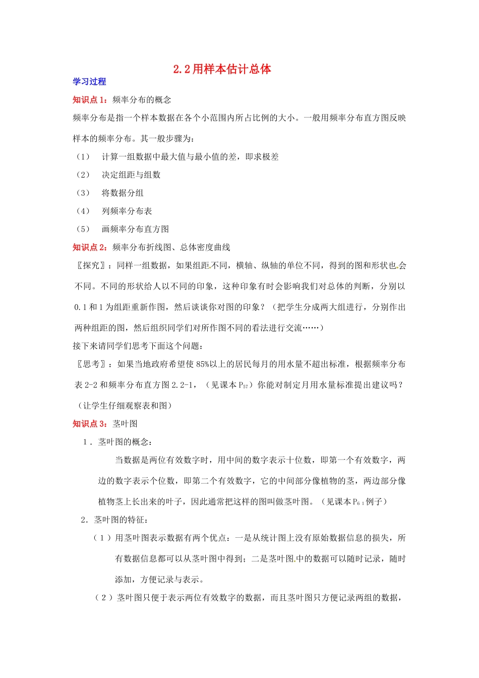 2014高中数学 第二章 统计 用样本估计总体学习过程 新人教A版必修3_第1页