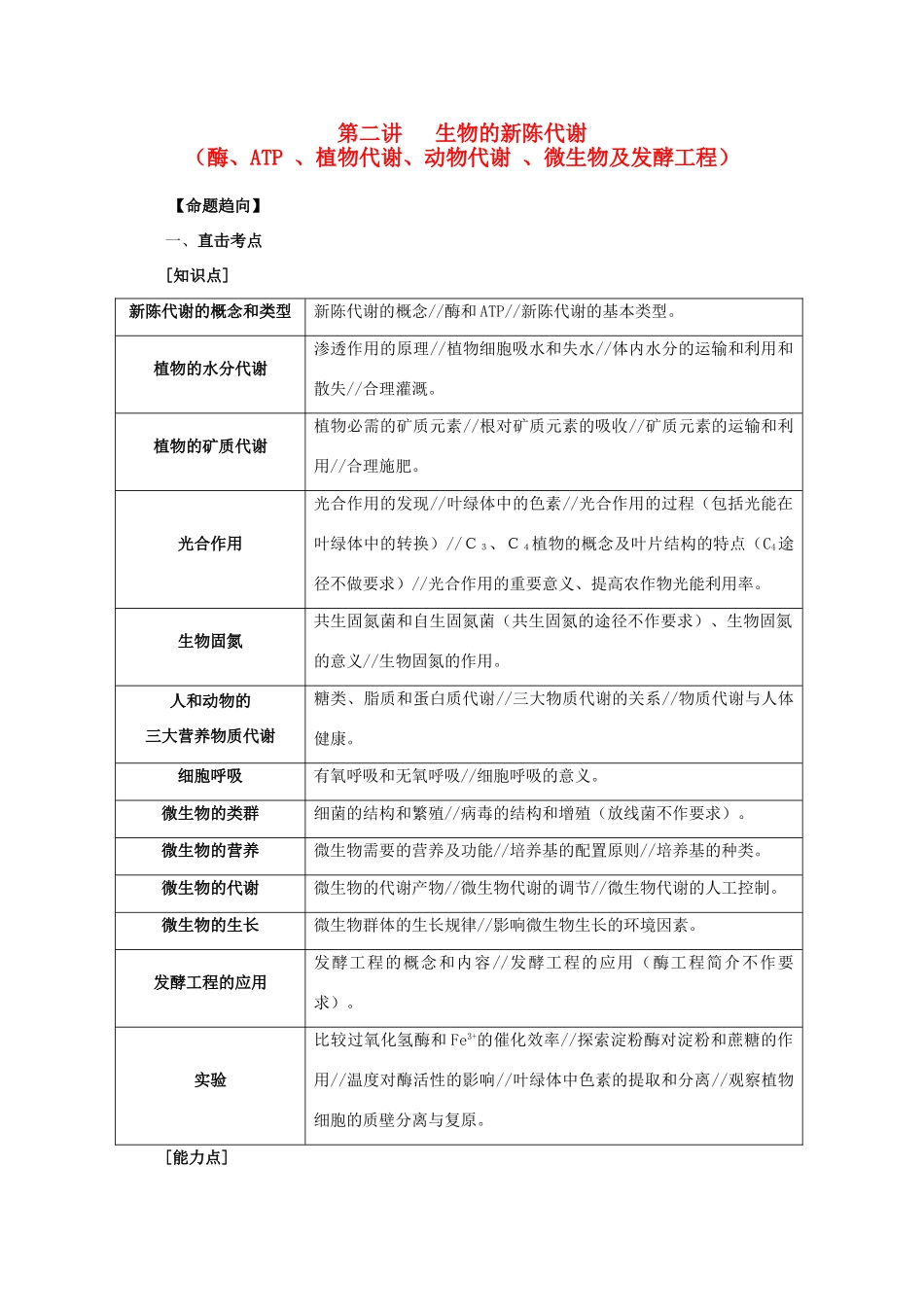 2014年高考生物二轮复习 第二讲 生物的新陈代谢教案_第1页