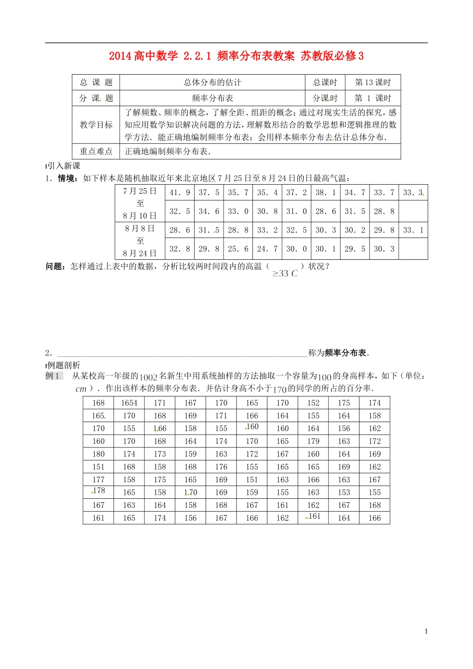 2014高中数学 2.2.1 频率分布表教案 苏教版必修3_第1页