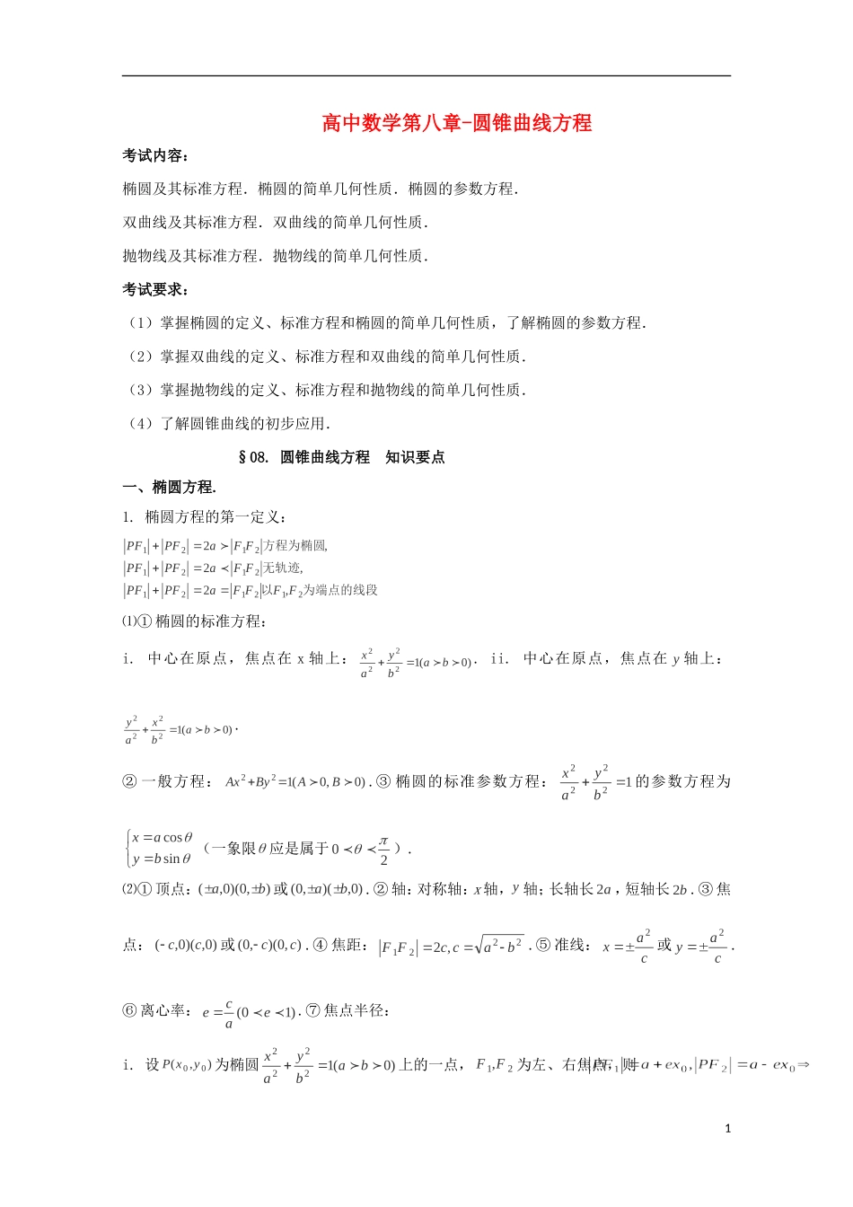 2014高考数学 基础知识清单 第08章 圆锥曲线方程 新人教A版 _第1页