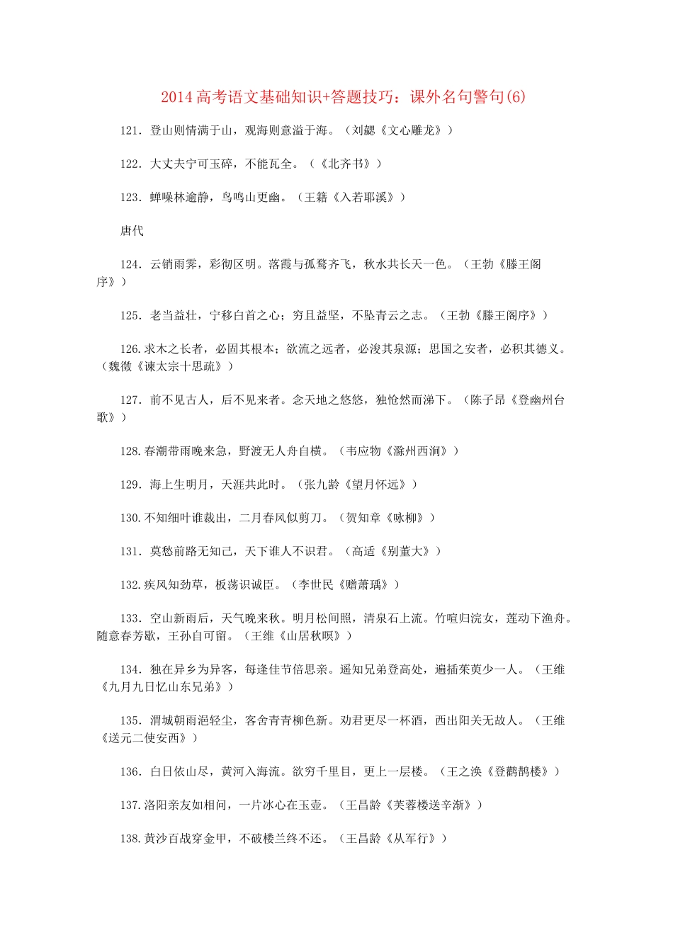 2014高考语文 基础知识+答题技巧 课外名句警句(6)_第1页