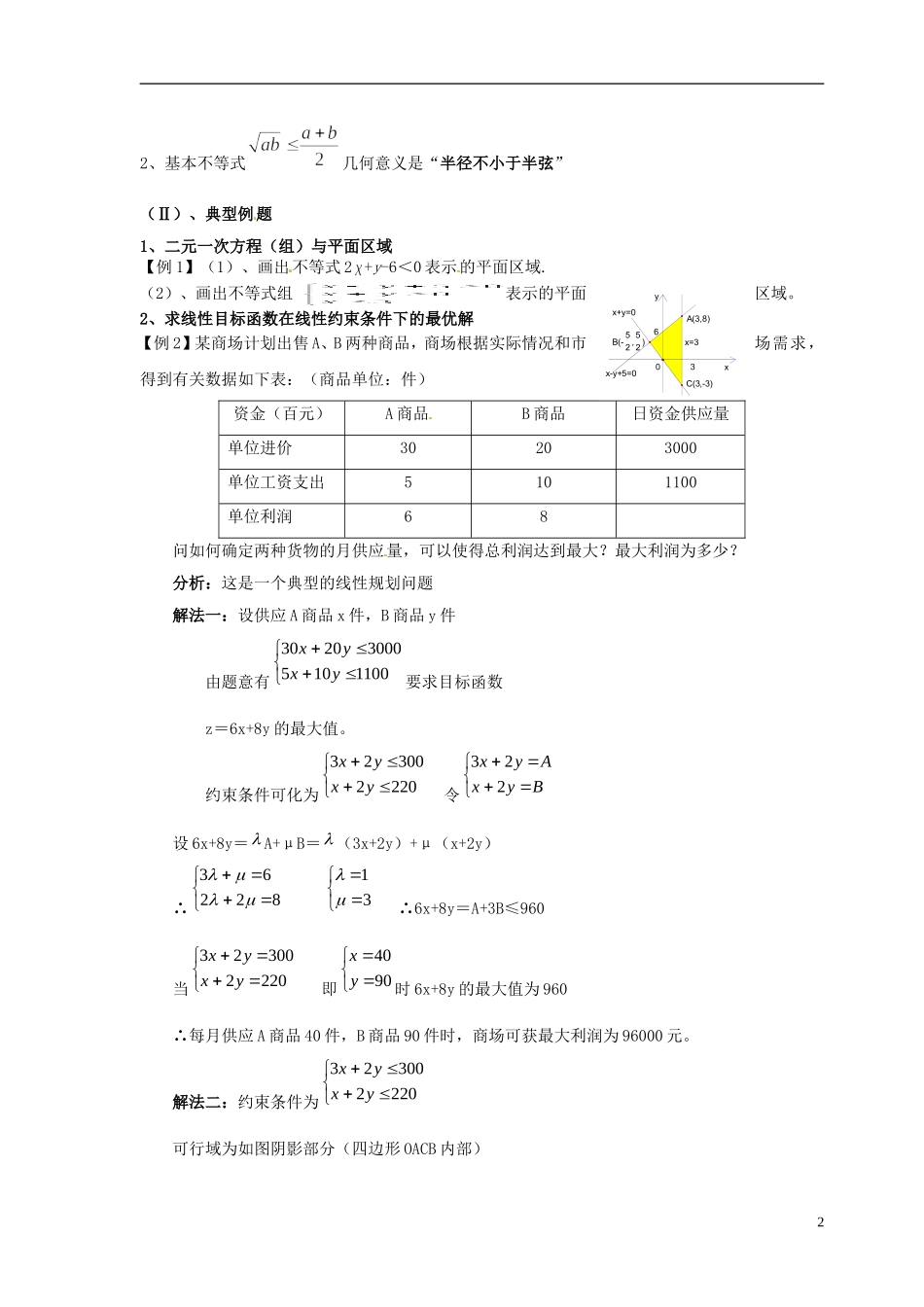 2014高中数学 第三章《不等式》复习与小结（二）教案 北师大版_第2页