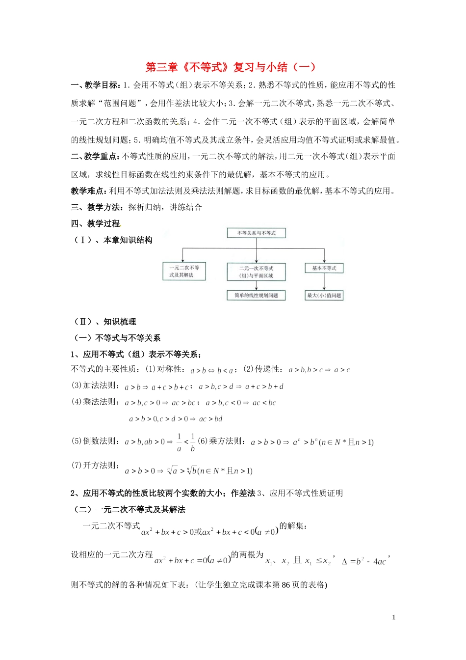 2014高中数学 第三章《不等式》复习与小结（一）教案 北师大版_第1页