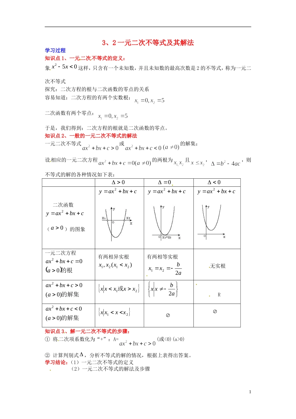 2014高中数学 第三章不等式 一元二次不等式及其解法学习过程 新人教A版必修5_第1页