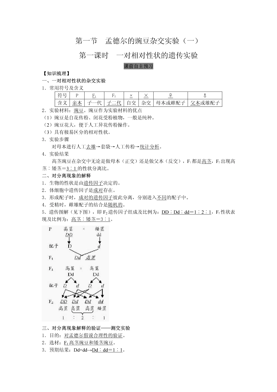 2014高中生物（课前预习+课堂学习+巩固训练+课后分层练习）第1课 一对相对性状的遗传实验教学案 新人教版必修2_第1页