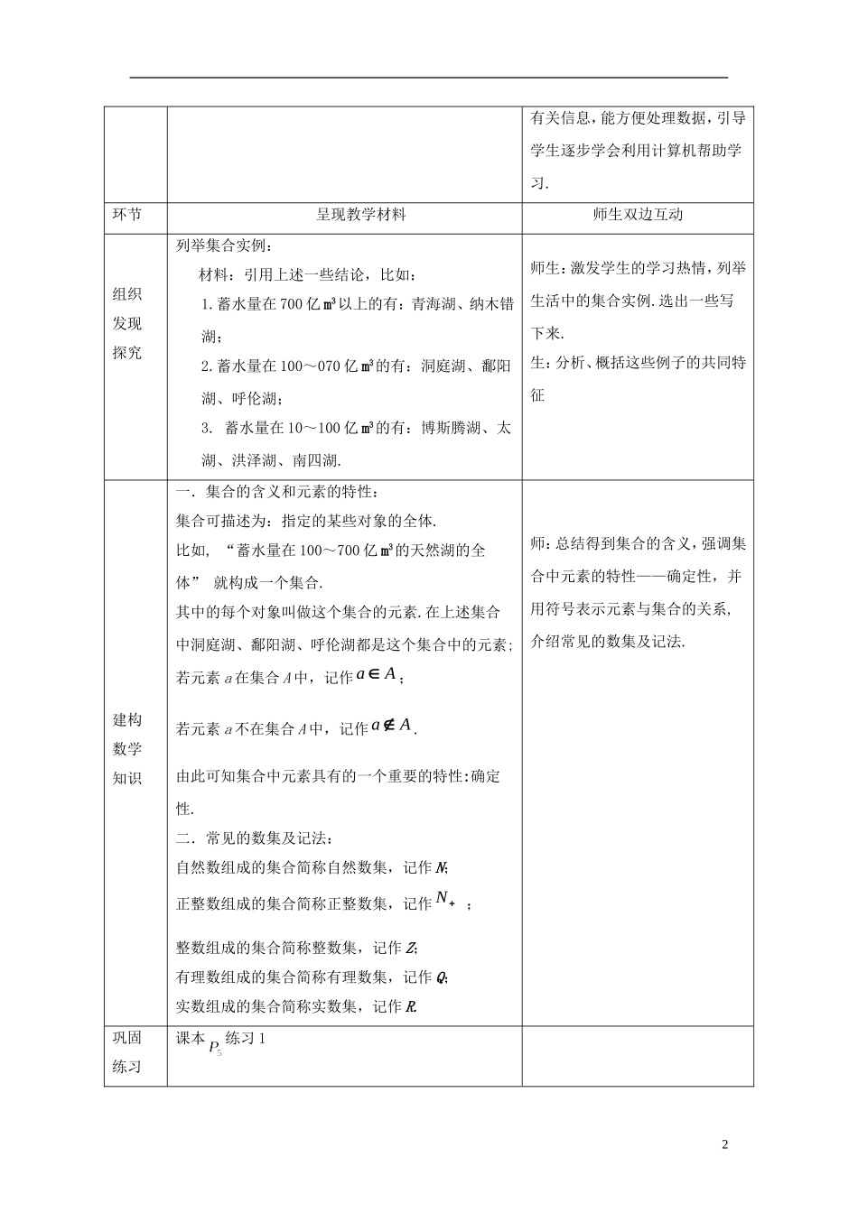 2014高中数学 第一章《集合的含义与表示》第一课时参考教案 北师大版必修1_第2页