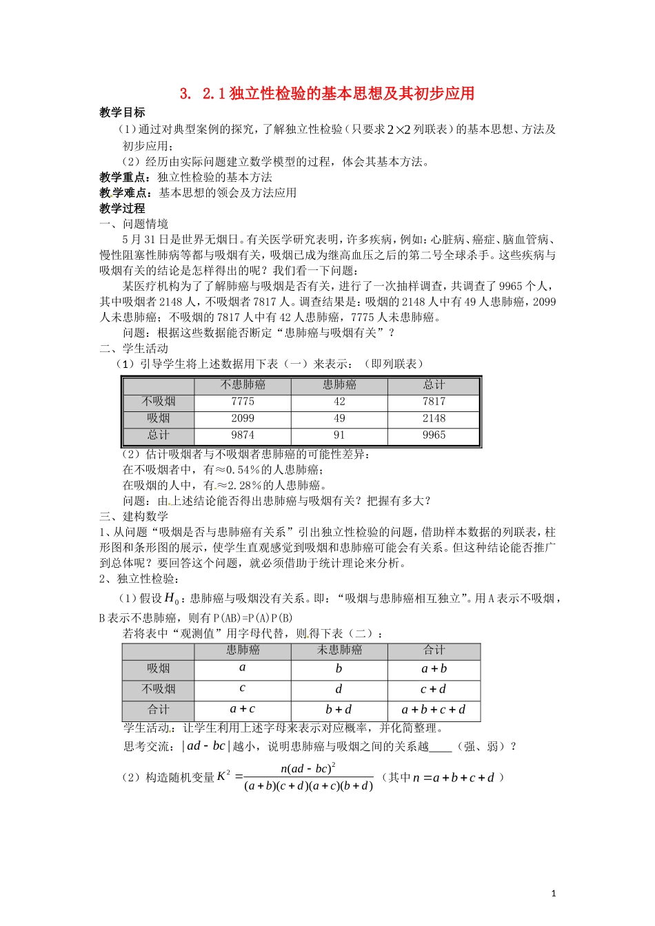 2014高中数学 独立性检验的基本思想及其初步应用教学案 新人教A版选修2-2_第1页