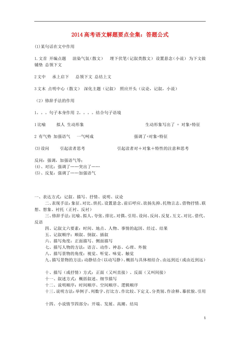 2014高考语文解题要点全集 答题公式_第1页