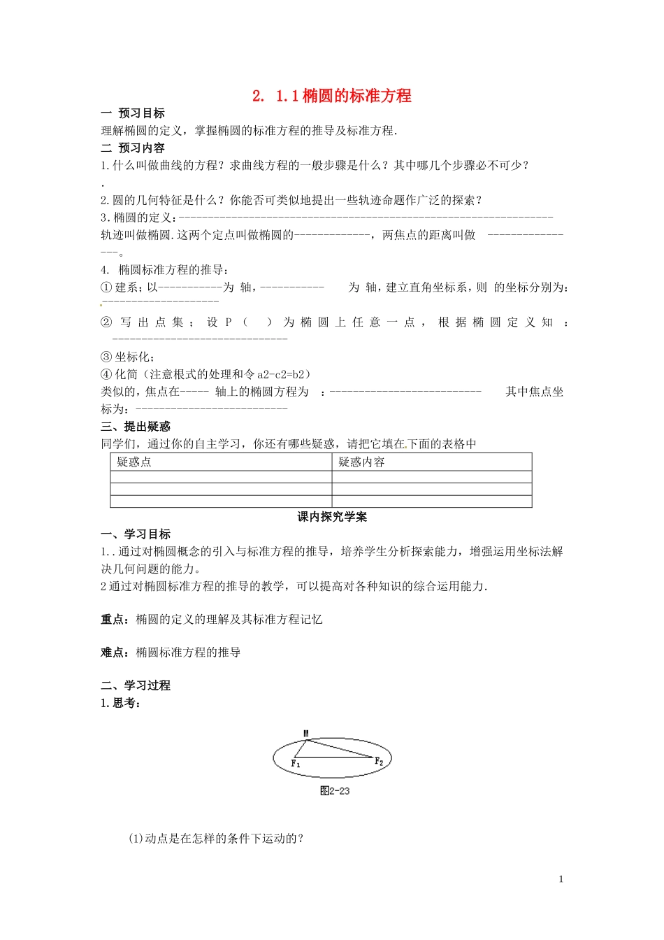 2014高中数学（教案+课内预习学案+课内探究学案+课后练习与提高）2.1.1椭圆及其标准方程 新人教A版选修1-1_第1页