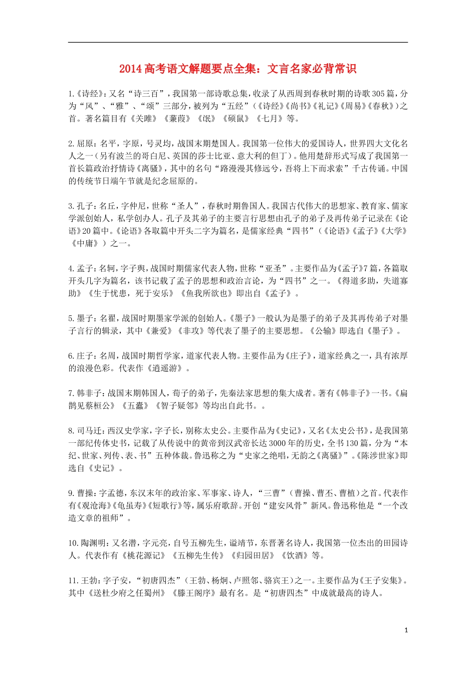 2014高考语文解题要点全集 文言名家必背常识_第1页