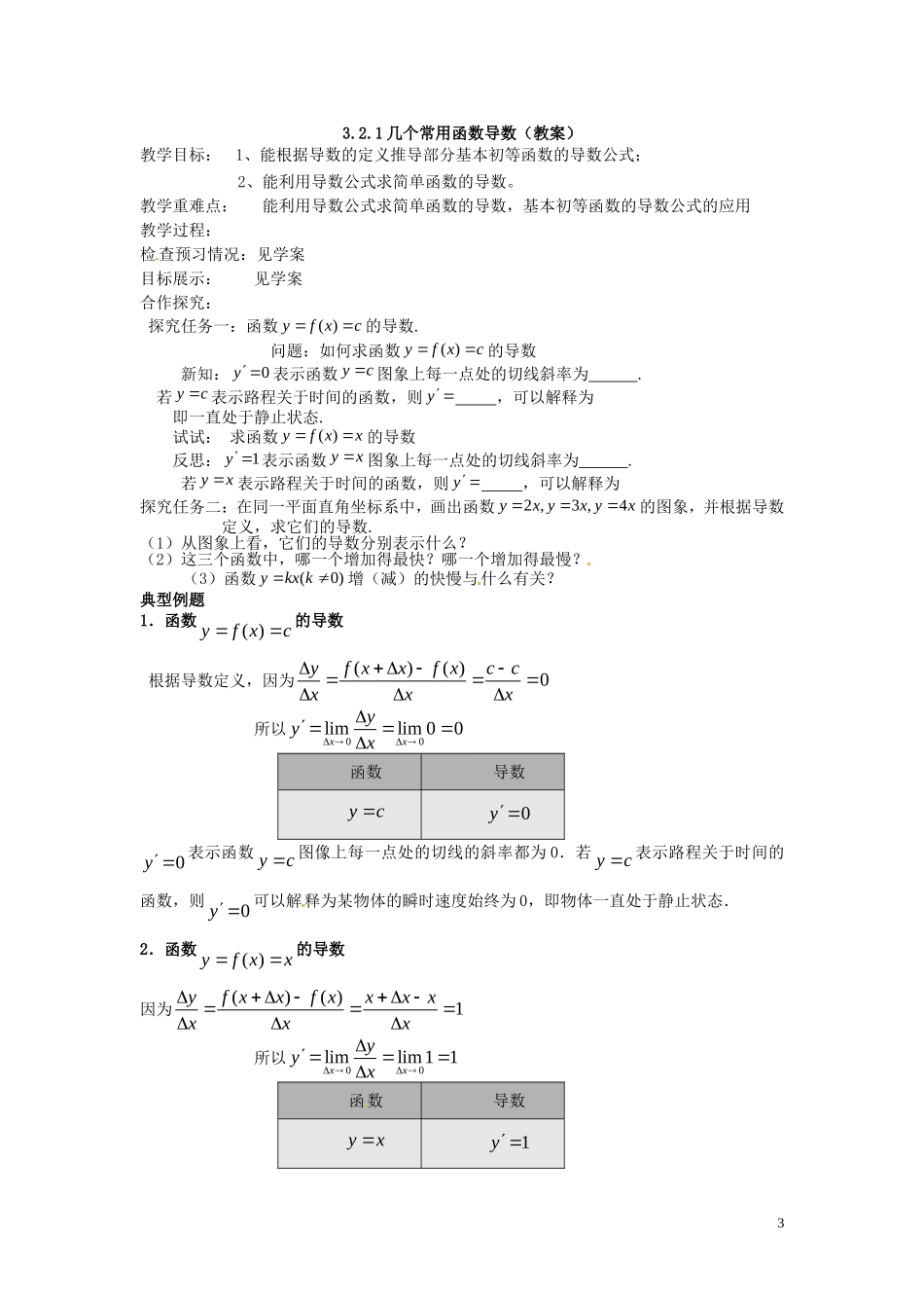 2014高中数学（教案+课内预习学案+课内探究学案+课后练习与提高）3.2.1几个常用函数导数 新人教A版选修1-1_第3页
