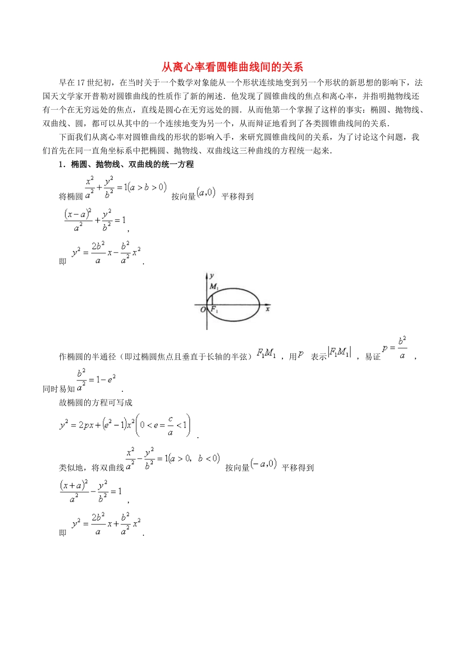 2014高中数学 拓展资料 从离心率看圆锥曲线间的关系 北师大版选修2-1_第1页