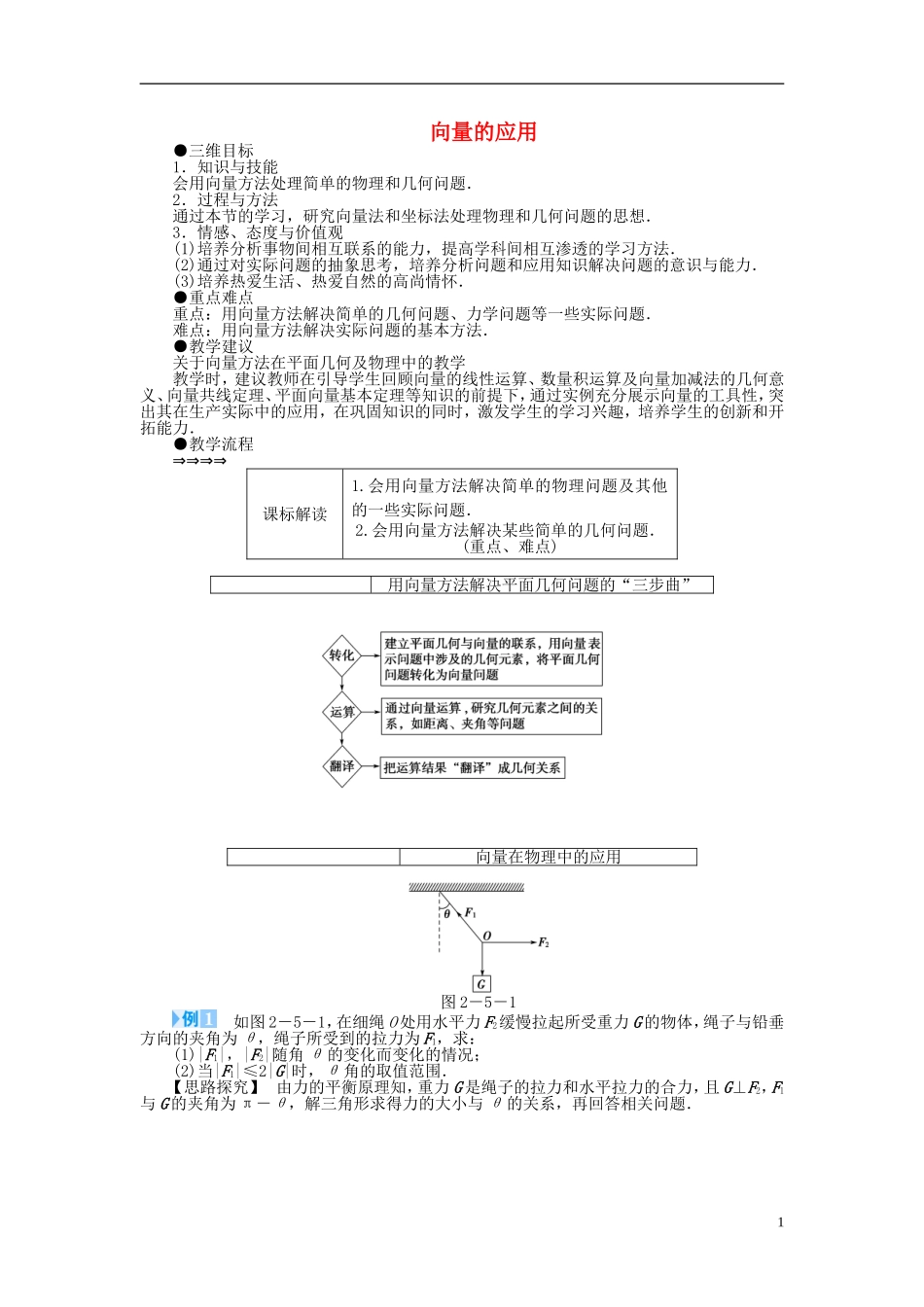 2014高中数学《向量的应用》教案 苏教版必修4_第1页