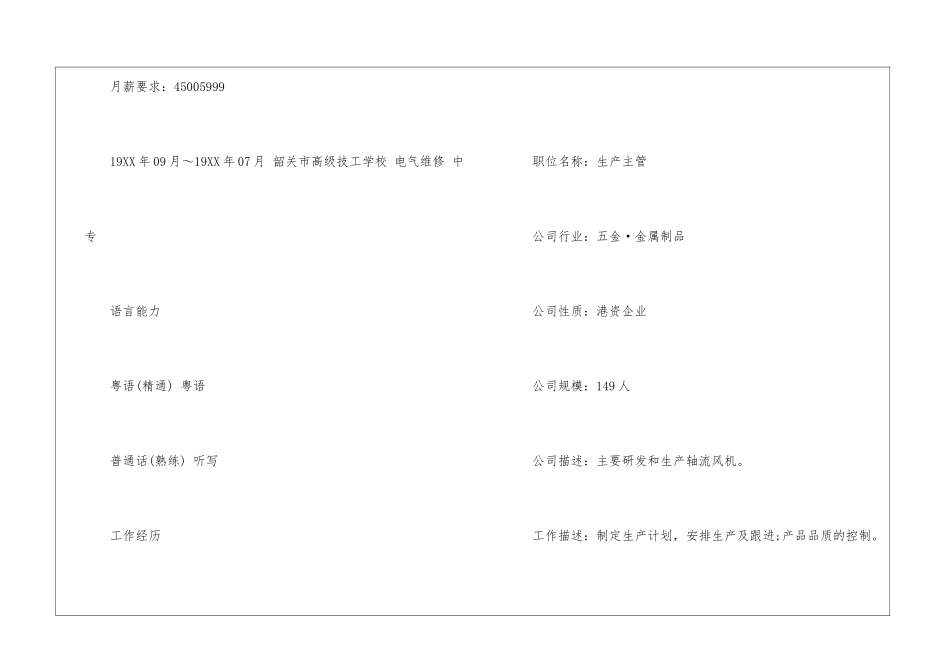 车间技术工人简历模板_第2页