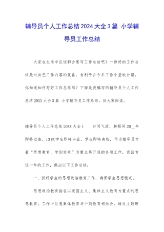 辅导员个人工作总结2024大全3篇-小学辅导员工作总结