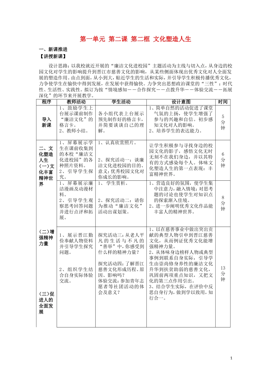 2015高中政治 第1单元 第2课 第2框 文化塑造人生教材分析与导入设计2 新人教版必修3_第1页