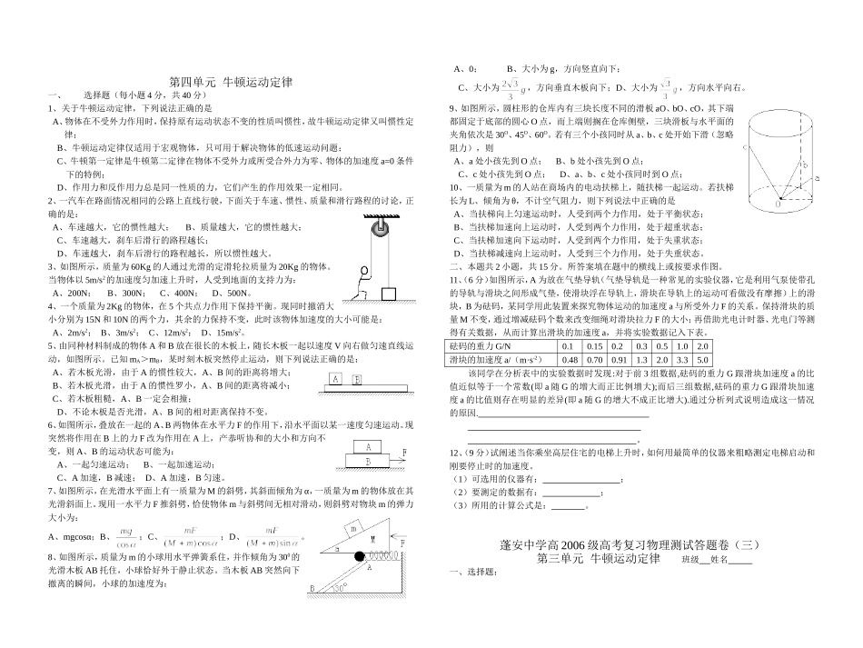 23蓬安中学高2006级高考复习物理测试卷（牛顿运动定律）-人教版_第1页