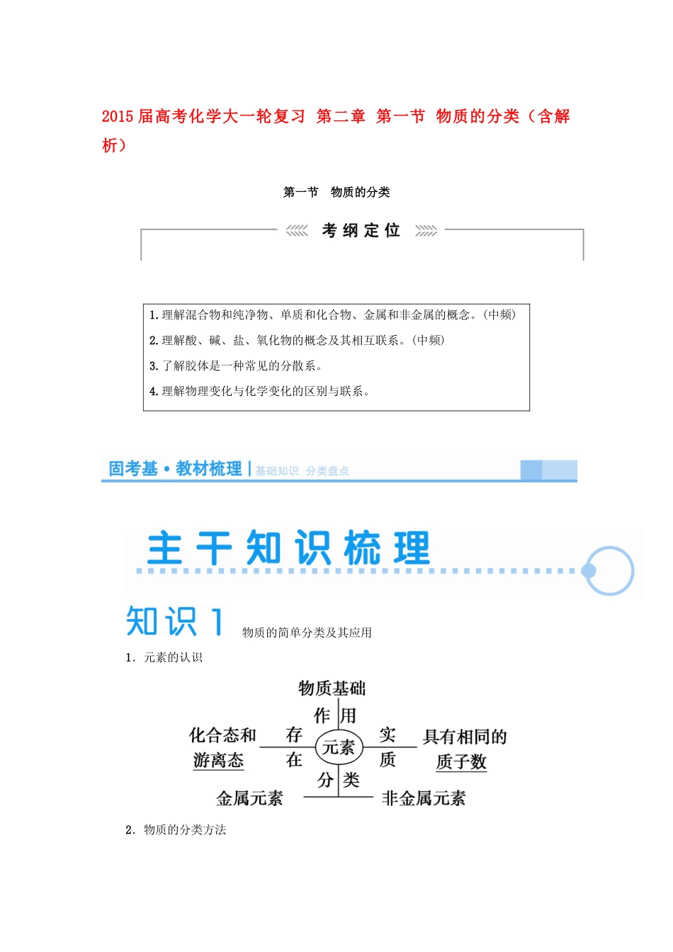 2015届高考化学大一轮复习 第二章 第一节 物质的分类（含解析）_第1页