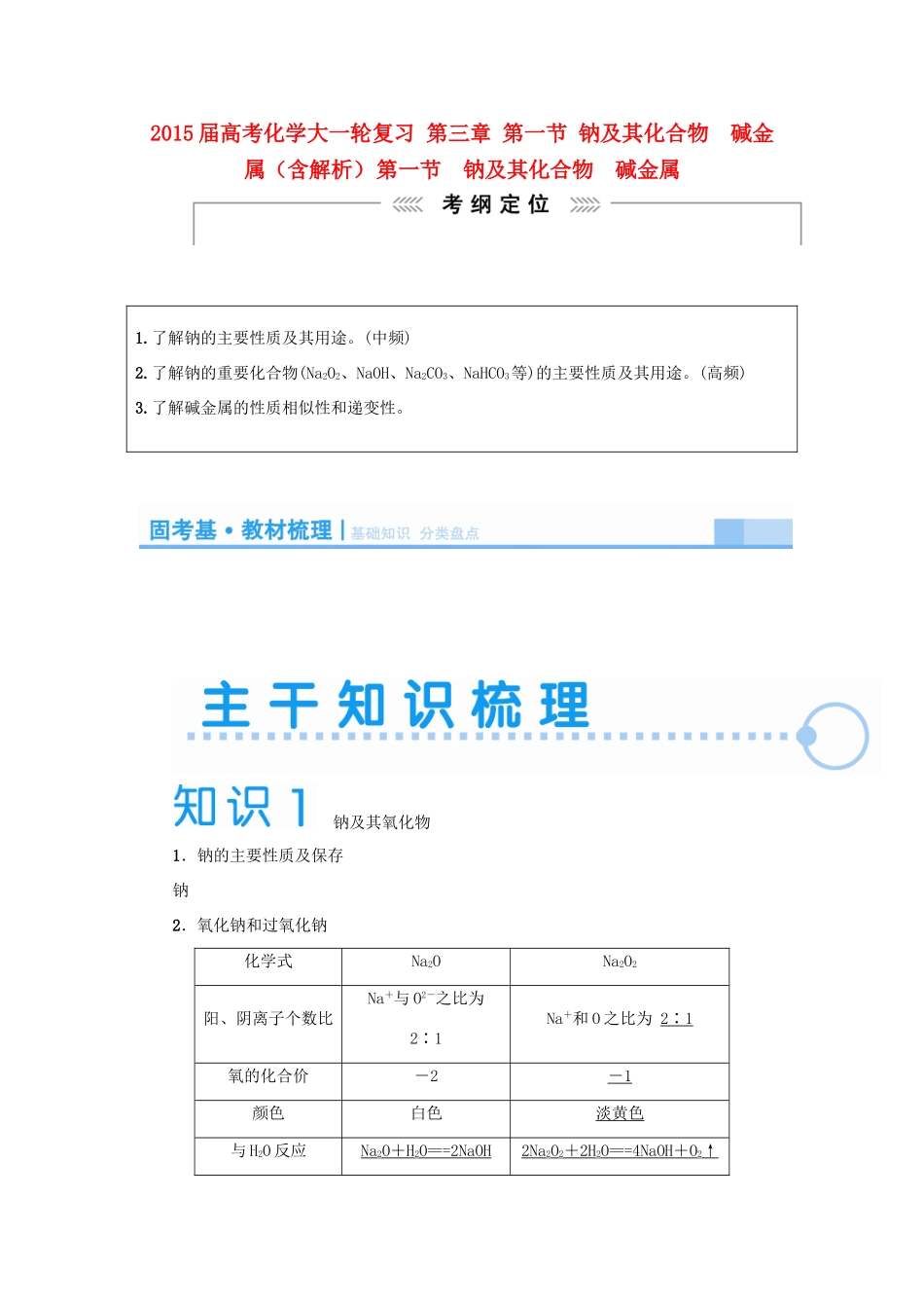 2015届高考化学大一轮复习 第三章 第一节 钠及其化合物　碱金属（含解析）_第1页