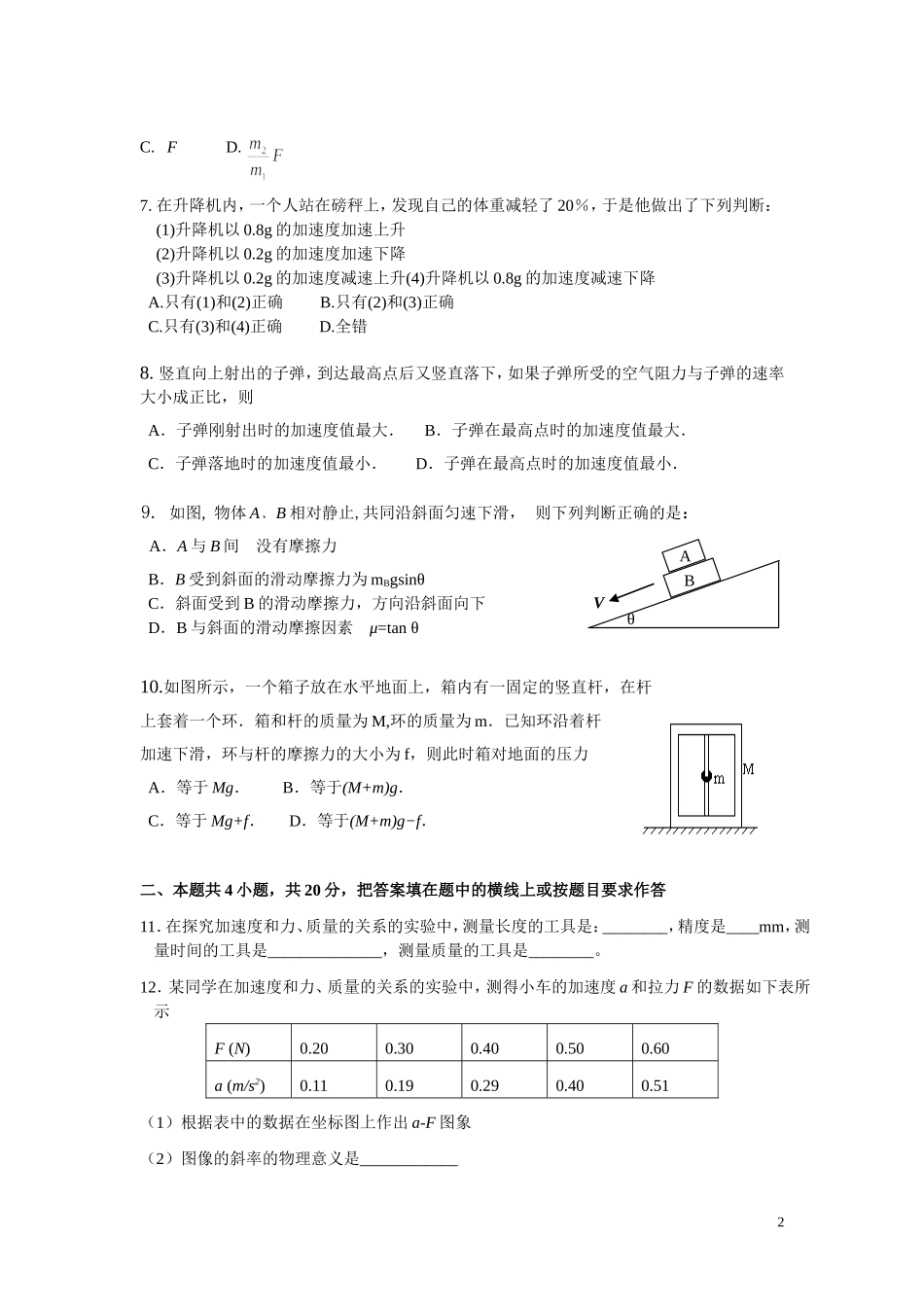 29江苏省南通中学2005~2006学年第一学期高一物理月考试卷 牛顿运动定律_第2页