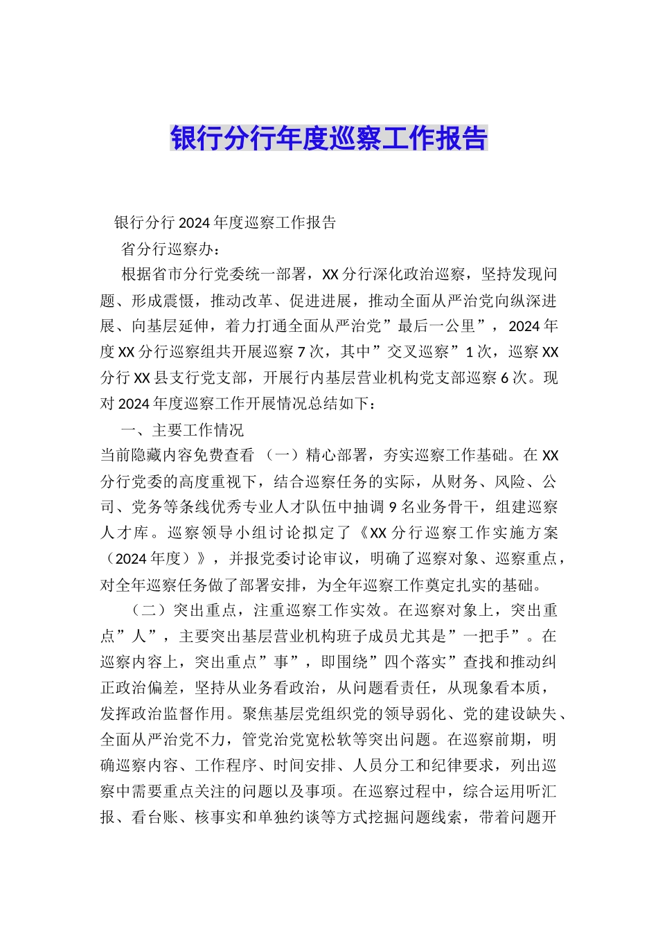 银行分行年度巡察工作报告_第1页