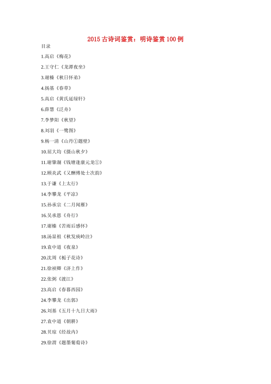2015高考语文 古诗词鉴赏 明诗鉴赏100例_第1页