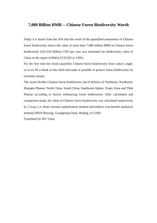 7,000 Billion RMB -- Chinese Forest Biodiversity Worth