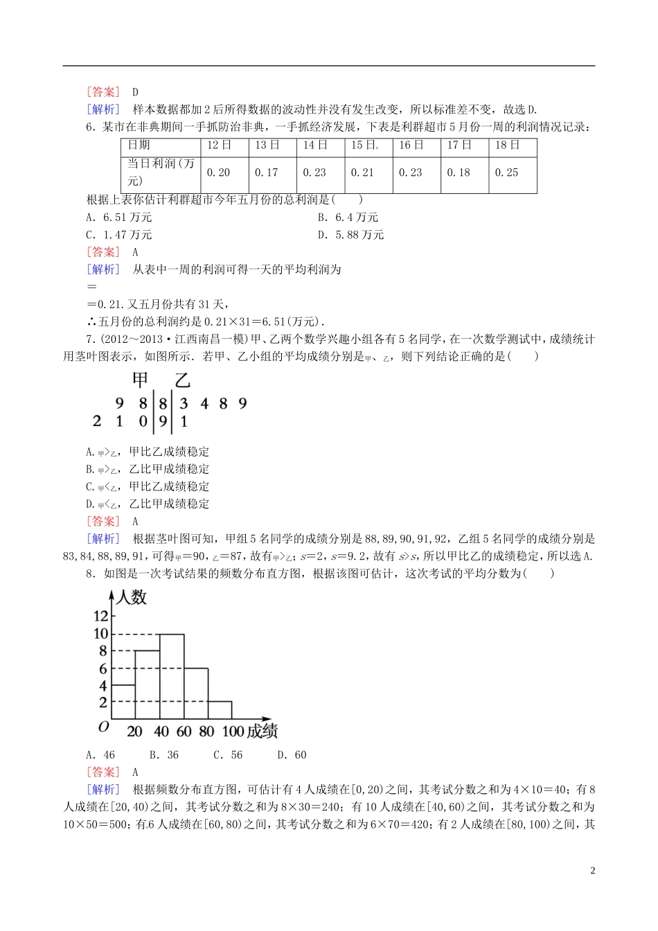 2015高中数学 2.2.2用样本的数字特征估计总体的数字特征练习 新人教A版必修3_第2页