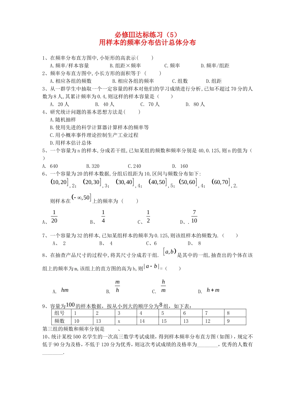 2015届高考数学一轮复习 用样本的频率分布估计总体分布教案达标练习 新人教A版必修3_第1页