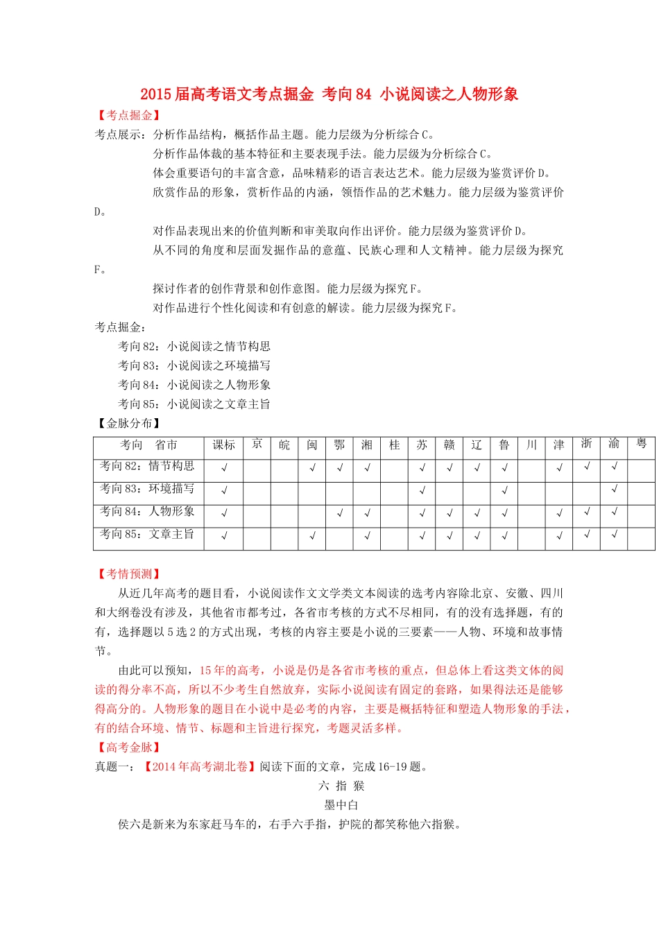 2015届高考语文考点掘金 考向84 小说阅读之人物形象_第1页