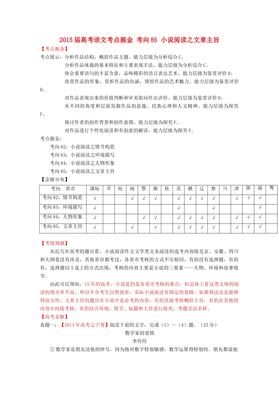 2015届高考语文考点掘金 考向85 小说阅读之文章主旨_第1页